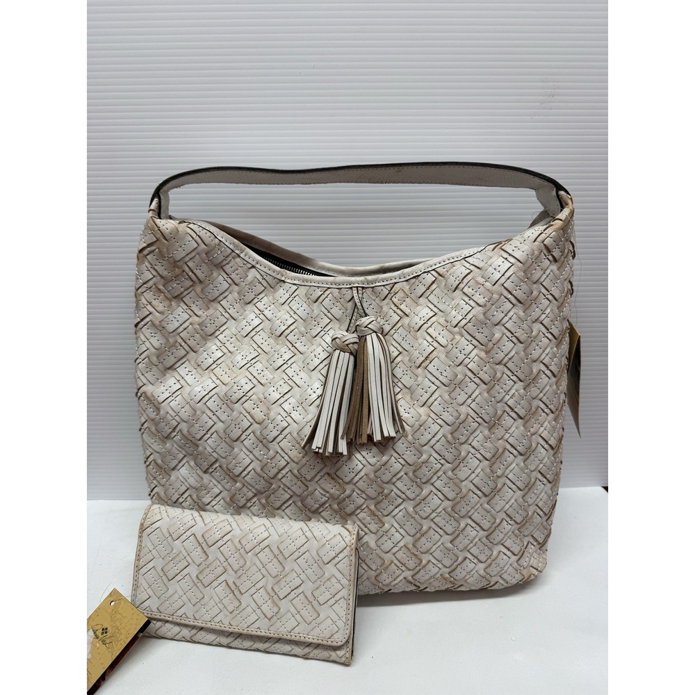Patricia Nash Large White Braided Stitch Marcellina Leather Hobo Bag & WALLET!